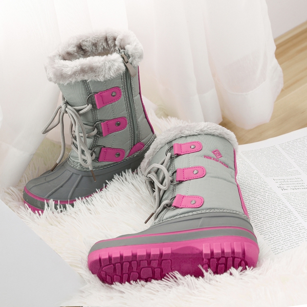 Girls and Boys Fur Lined Winter Snow Boots - GREY FUCHSIA - 4